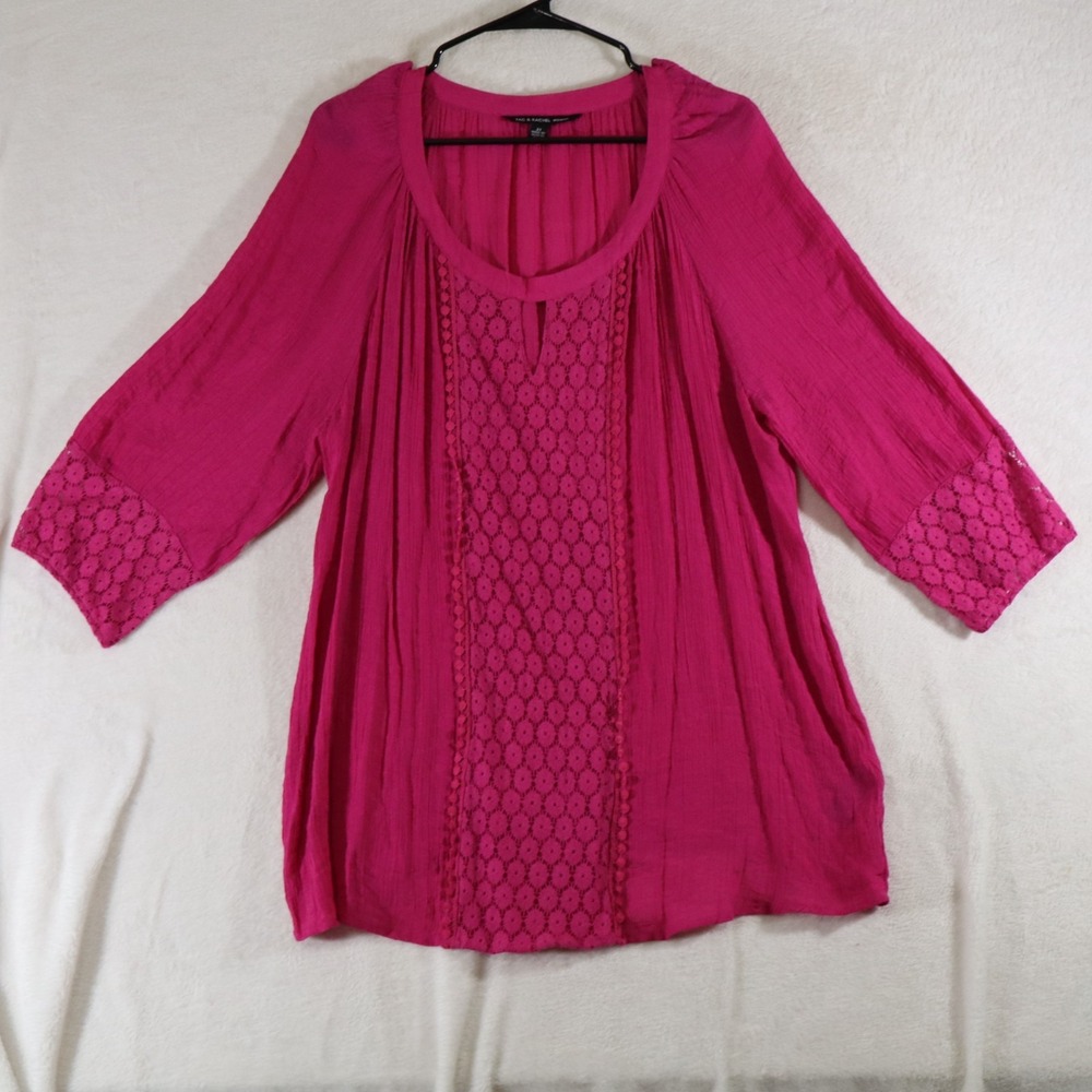 Zac & Rachel Woman 2X Magenta Lace Trim Blouse – 3/4 Sleeve Crinkle Knit Top